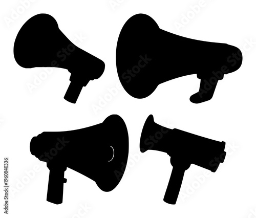 Megaphone set with bold silhouette shape projecting sound featuring megaphone, announcement, silhouette with public speaking and amplification