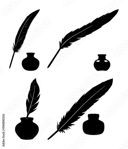 Quill and inkpot set with black silhouette design featuring writing tools, classic decor, stationery with ink and feathers
