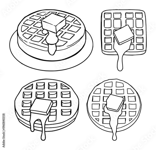 Belgian waffle set with flat 2D illustration of a waffle topped with a melting butter cube featuring breakfast, butter, sweetness with line art and white background