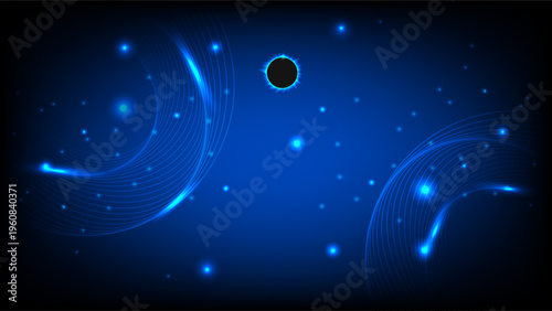 Dark blue abstract futuristic cosmic background with glowing lines and a single dark central sphere