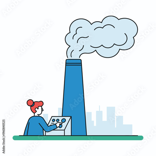Industrial chimney emitting smoke with a person controlling the process.