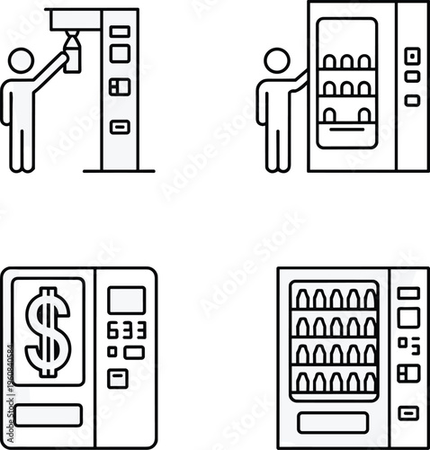 Vending machine usage line icon set with user interaction payment snack drink dispenser vector outline isolated on white background