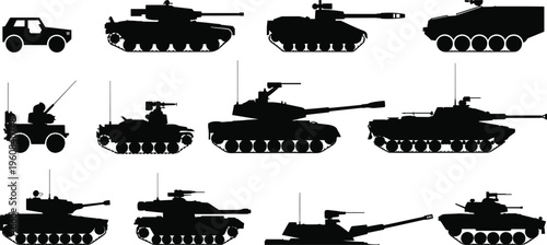Military vehicle silhouette set including tanks armored cars artillery combat machines black vector collection isolated on white background design
