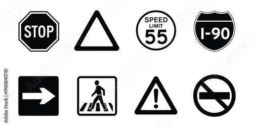 Road Traffic Signs Icon Set Transportation Warning and Regulatory Symbols Vector