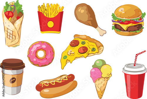 Fast food collection, burger, fries, pizza slice, donut, hot dog, fried chicken, wrap, ice cream cone, coffee, soda