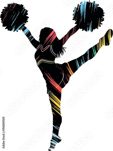 Cheerleader in dynamic pose with pom-poms raised in celebration