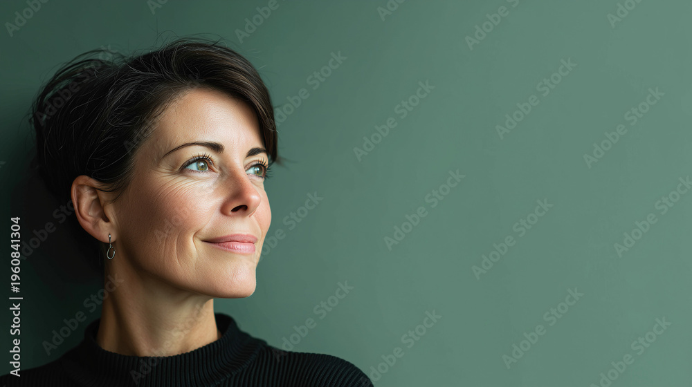 Fototapeta premium sustainability expert in minimal modern workspace with green background, professional young woman portrait in eco friendly office environment, confident female entrepreneur