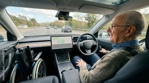 Senior man driving electric car on highway with wheelchair in passenger seat. Independent mobility for elderly people. Modern vehicle technology and accessible personal transport concept.