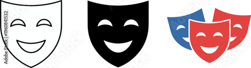 Theatrical mask illustration, comedy smiling faces, black outline solid silhouette, red blue overlapping masks, performance arts symbol, drama theater vector design