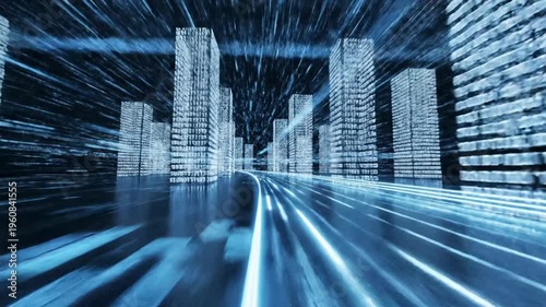 Digital Cityscape: Binary Code Buildings and Data Highway