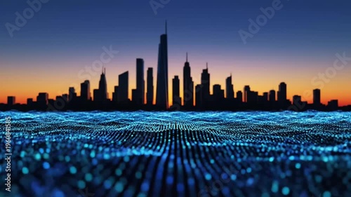 Digital Cityscape with Abstract Blue Particles at Sunset