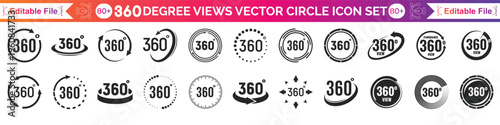 360 degrees vector icon set. Round signs with arrows rotation to 360 degrees. 360 degree complete angle or a full angle. 360 degrees logo, label, badge, symbol, banner, circle, black, line, isolated.