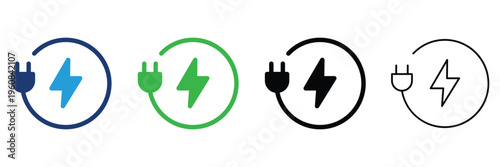 Charging station icon set. Electric plug and lightning bolt symbols for EV battery energy. Power supply, and green environment technology in various colourful solid and outline icons.