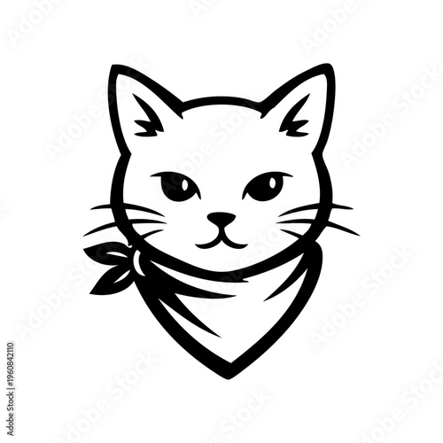 Logotipo tienda de mascotas. Dibujo sencillo con líneas de la cabeza de un gato simpático visto de frente con pañuelo en el cuello 