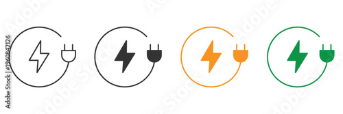 Charging station icon set with electric plug and lightning bolt symbols for EV battery energy, power supply, and green environment technology in outline and solid styles.