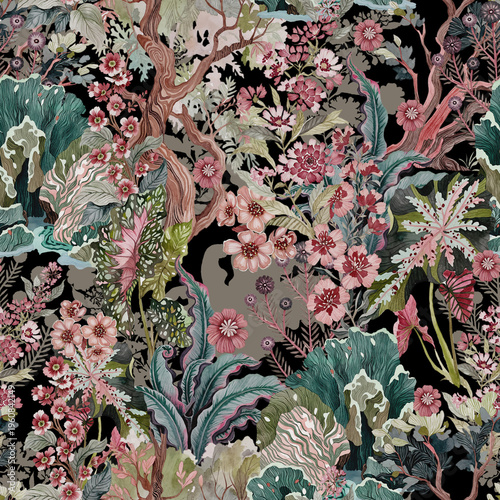 Fotografie Vintage floral tapestry pattern featuring blooming blossoms leafy branches ornat