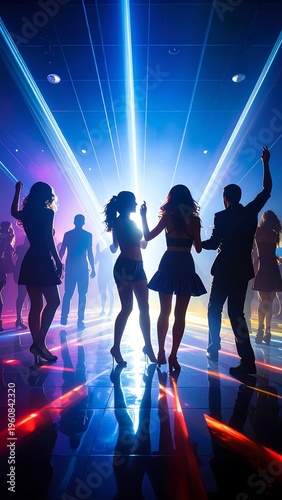 A vibrant dance scene with people dancing under colorful lights