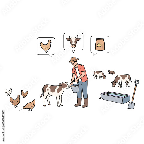 Farmer feeding a cow in a farm with chickens and other livestock nearby