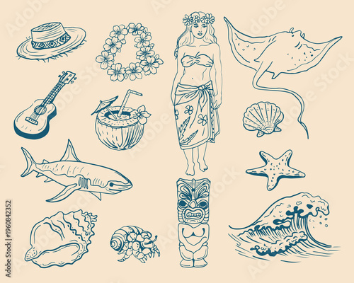 Hand drawn vintage mediterranean blue set  the theme of Tahiti, beach holidays and travel.. Dolce vita style illustrations perfect for travel guide, map, cards, posters, banners.