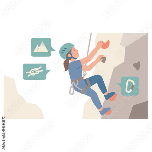 A woman wearing a helmet is rock climbing on a mountain