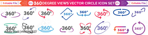 360 degrees vector icon set. Round signs with arrows rotation to 360 degrees. 360 degree complete angle or a full angle. 360 degrees logo, label, badge, symbol, banner, circle, black, line, isolated.