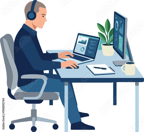 Young  man intern working at office workstation