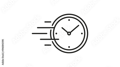 Outline Icon of a Clock with Motion Lines, Symbolizing Speed, Urgency, or Fast Time Progress on Isolated White Background