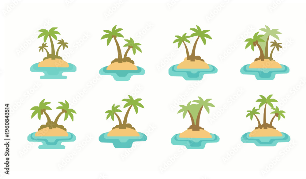 Fototapeta premium Tropical island scene vector set with palm trees beach and ocean summer illustration