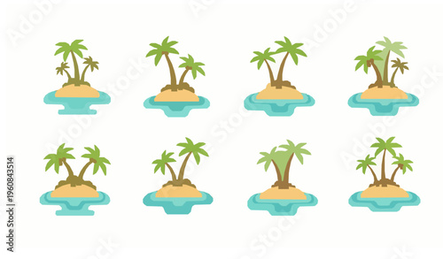 Tropical island scene vector set with palm trees beach and ocean summer illustration