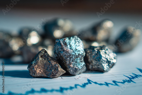 Metallic raw mineral stones placed on financial charts illustrating the connection between natural resources and market trends in the global economy