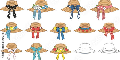 Straw hat collection with ribbons, bows and decorative elements, stylish summer sun hats in various designs vector illustration set for fashion and beach accessories