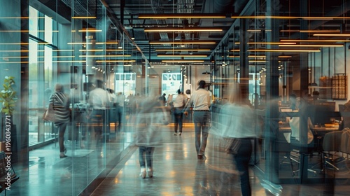Bustling modern office space with glass walls and exposed ceiling, blurred figures of workers moving through corridors, creating dynamic atmosphere.