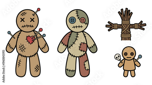 Cute creepy voodoo doll vector illustration set. Patchwork cloth toy, stick cross, and magic characters with pins for halloween design.