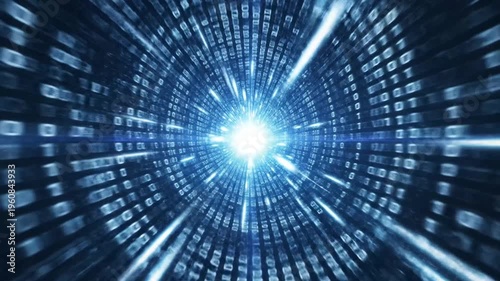 Digital Data Tunnel: Binary Code Flowing Towards Light