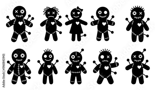 Black silhouette voodoo doll vector set. Creepy magic cloth toy character collection with pins, stitches, and hearts isolated on white.