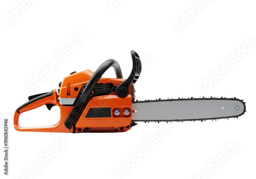 Professional orange chainsaw isolated on transparent background