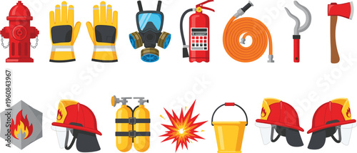 Firefighting equipment icons set safety gear gloves hydrant extinguisher hose helmet axe mask emergency tools flat vector illustration collection isolated
