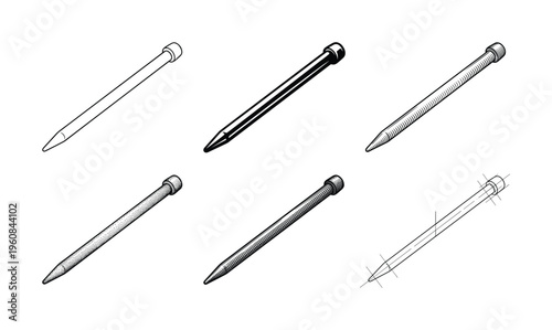 A set of six stylus pen vector illustrations. The collection showcases various art styles like line art, engraving, stippling, and blueprint for tech or creative concepts.
