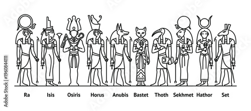 Minimalist line art of Egyptian gods and goddesses. The vector set includes major deities like Ra, Isis, and Horus. Perfect for educational and cultural design.