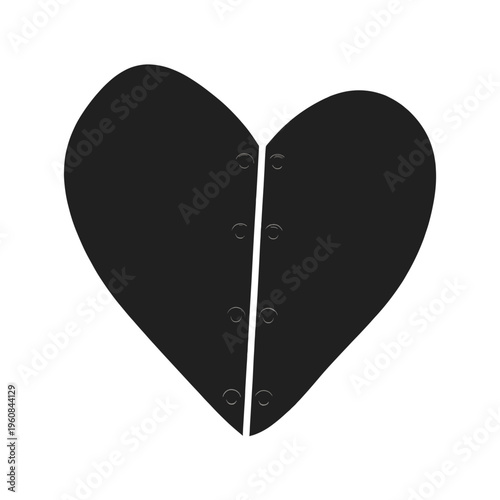A vector icon of a black heart split in two, mended with rivets. Symbolizes heartbreak, repair, reconciliation, and resilience. For emotional or industrial themes.