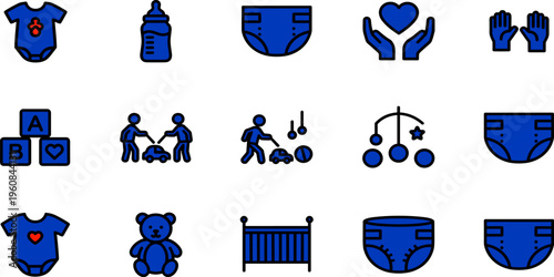 Baby care icons illustration, childcare symbols, onesie bottle diapers, teddy bear crib, alphabet blocks mobile, nurturing love hands, parenting vector artwork design
