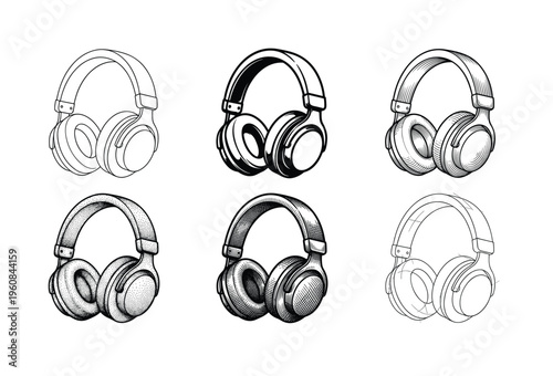 A set of six headphone illustrations in various hand-drawn graphic styles. Vector icons for music, podcast, audio, and tech projects. Includes sketch, line art, and engraving.