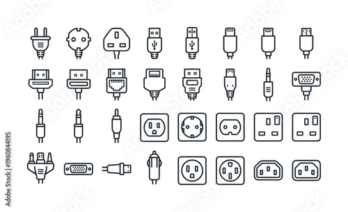 Set of electronic plug, socket, and connector line icons. Includes USB, HDMI, and power adapters. Vector illustration for technology, UI, web design, and infographics.