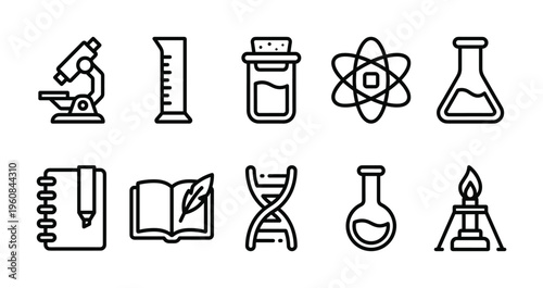 Set of black line icons for science, education, and research. Includes microscope, chemistry lab equipment, DNA, and atom symbols. Perfect for web, presentations, and infographics.