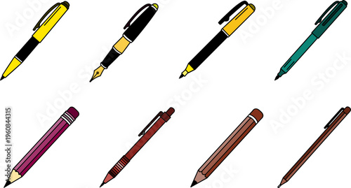 Collection of writing instruments illustration, ballpoint pen, fountain pen, marker, felt tip pen, wooden pencil, mechanical pencil, stylus pencil, vector design