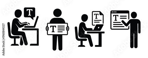 A set of four black vector icons showing stick figures writing, typing, and editing. Symbolizes copywriting, content creation, blogging, and journalism. Minimalist design for web.
