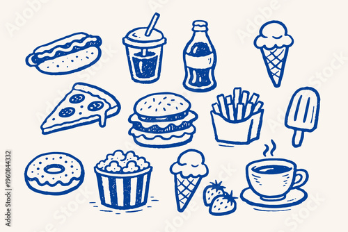 A playful doodle illustration of a variety of delicious junk food items including a hot dog, pizza, burger, fries, soda, and ice cream cones