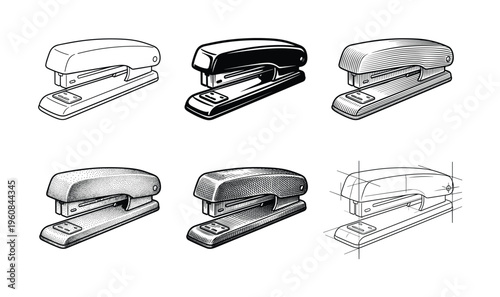 A set of six hand-drawn office stapler vector illustrations. Includes line art, hatching, and sketch styles. Perfect for icons, technical manuals, or business graphics.