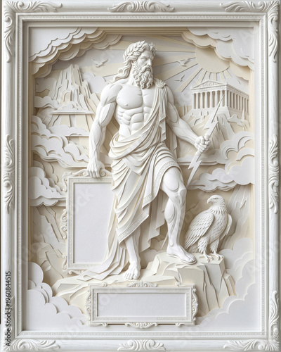 Zeus ascending from mount olympus ancient greek temple in ethereal realm mythical sculpture dramatic perspective
