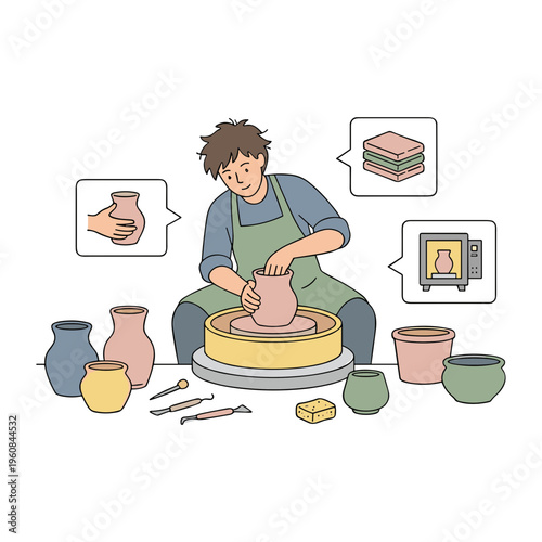 A person skillfully shapes a clay pot on a wheel in a studio.